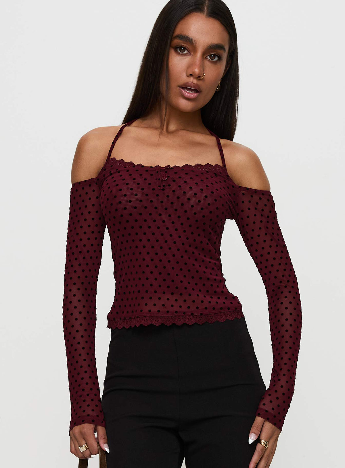On My Side Off Shoulder Tie Neck Top Burgundy