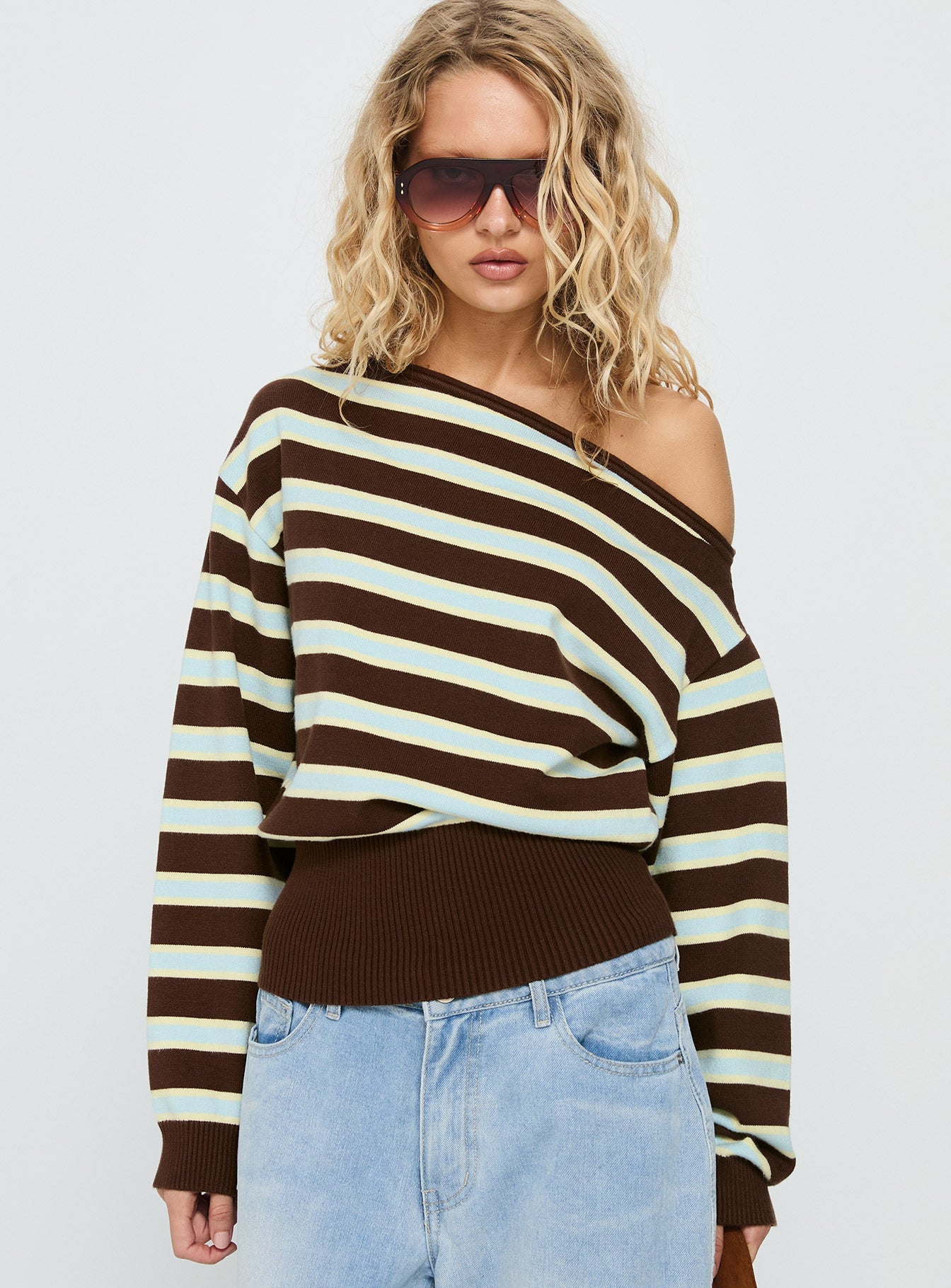 Zinia Off Shoulder Knit Sweater Brown / Blue Stripe