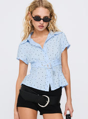 Esteem Buckle Detail Short Sleeve Shirt Blue Polka