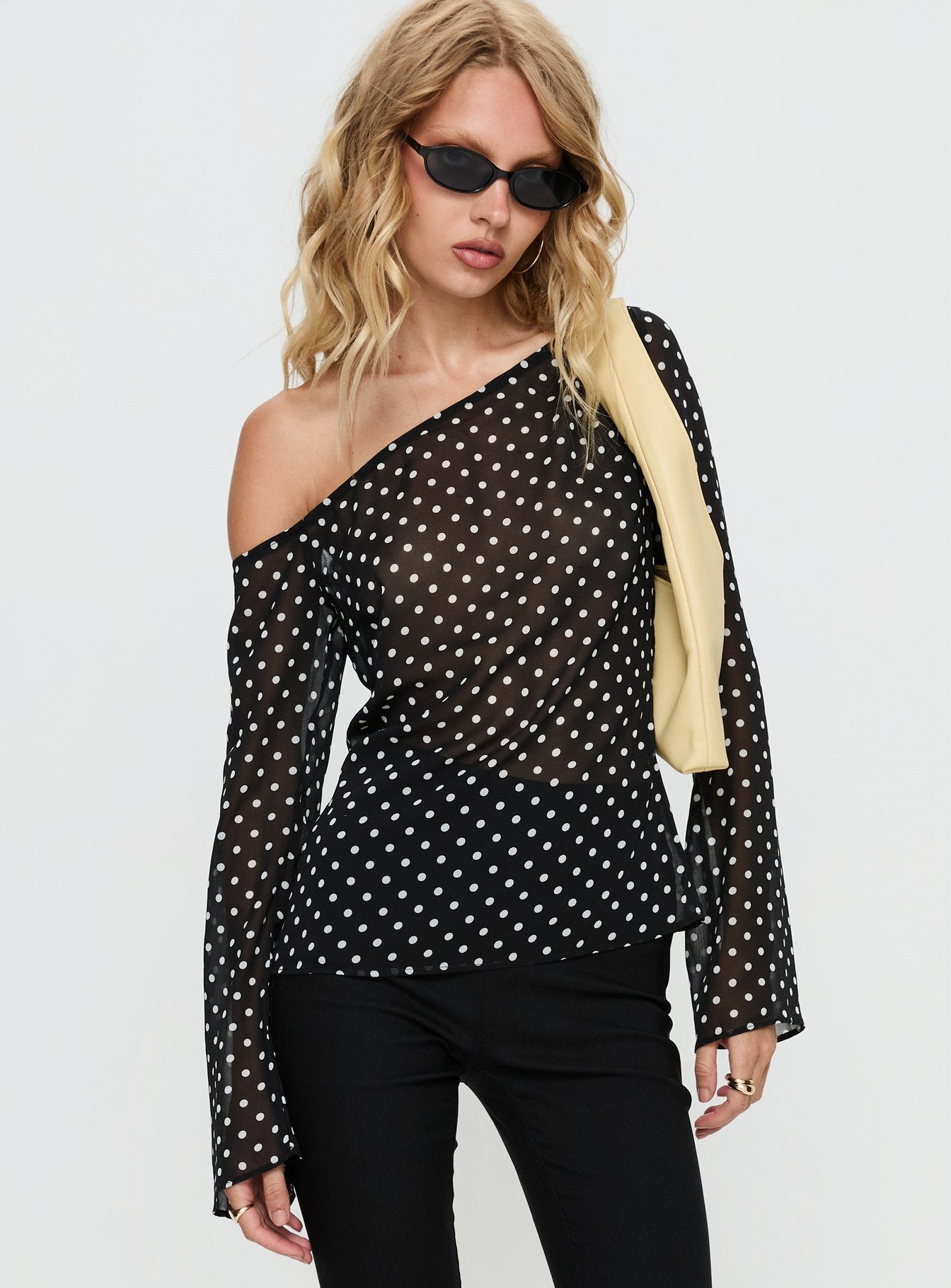 Shiona Sheer One Shoulder Long Sleeve Top Black Polka