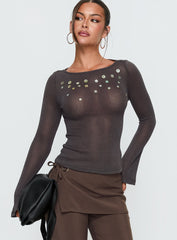 Andia Long Sleeve Sheer Embellished Top Grey