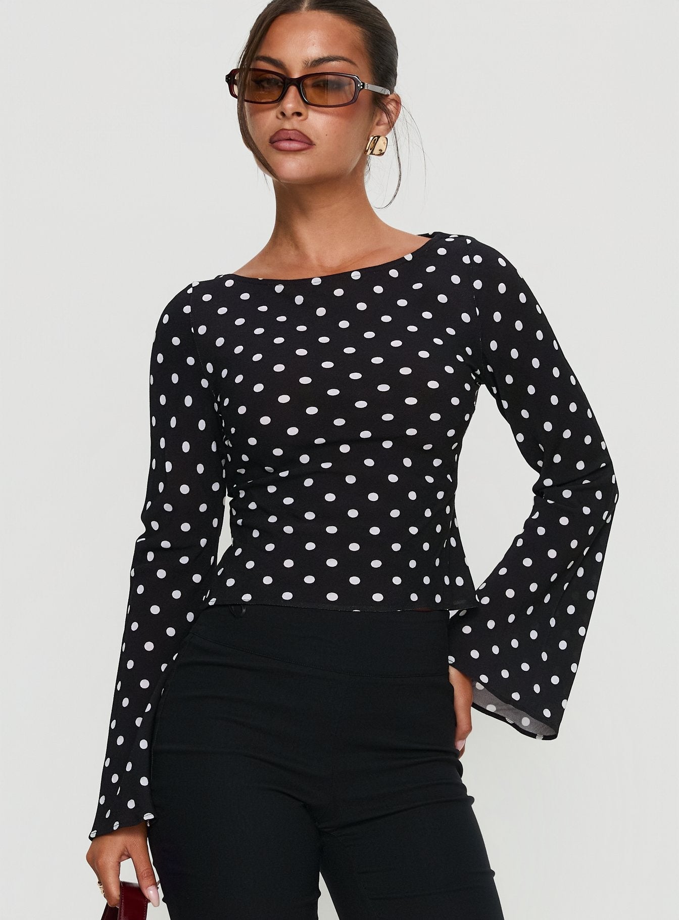 Lady Lady Long Sleeve Backless Top Black / White Polka