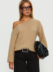Delyn Off Shoulder Slouchy Knit Sweater Camel
