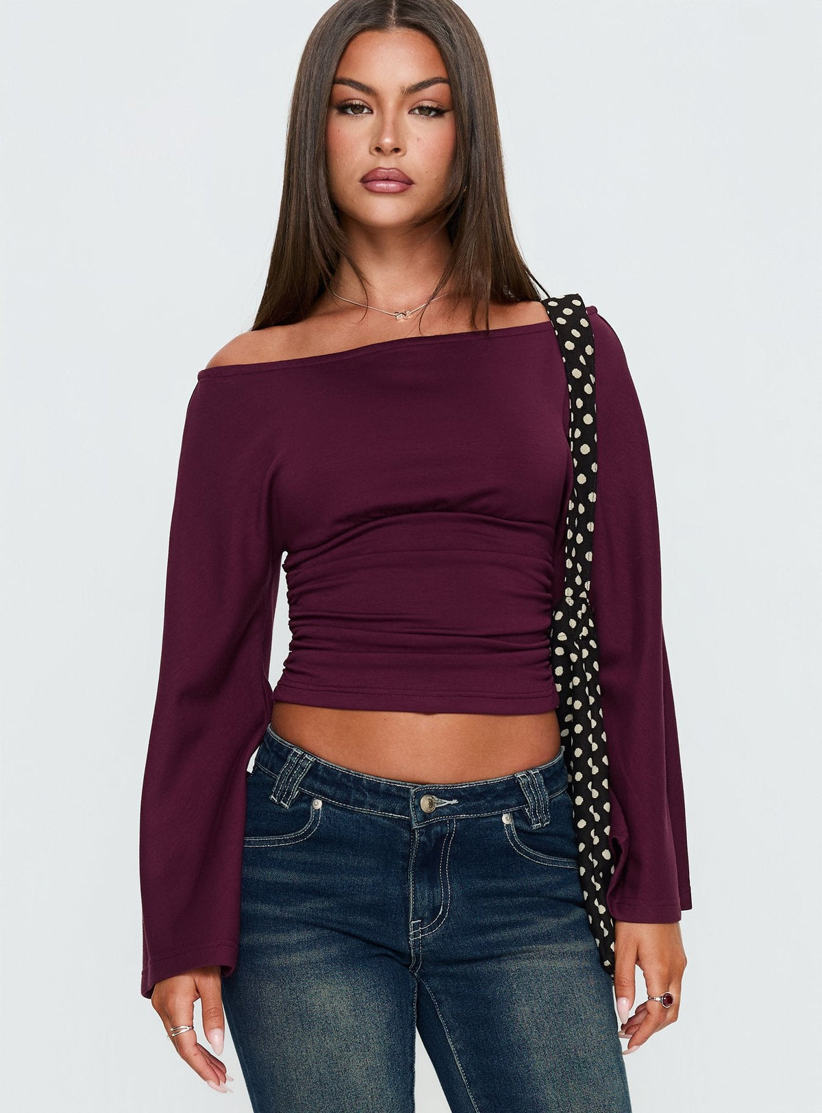 Anastasie Off Shoulder Long Sleeve Top Deep Red