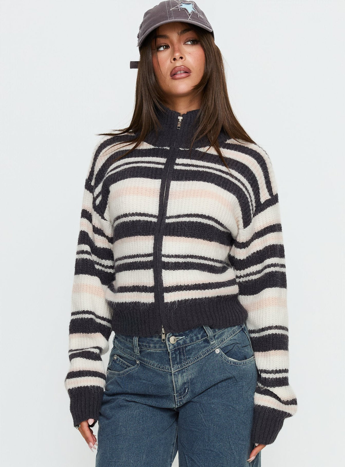 Tetra Zip Through Knit Sweater Pink Stripe