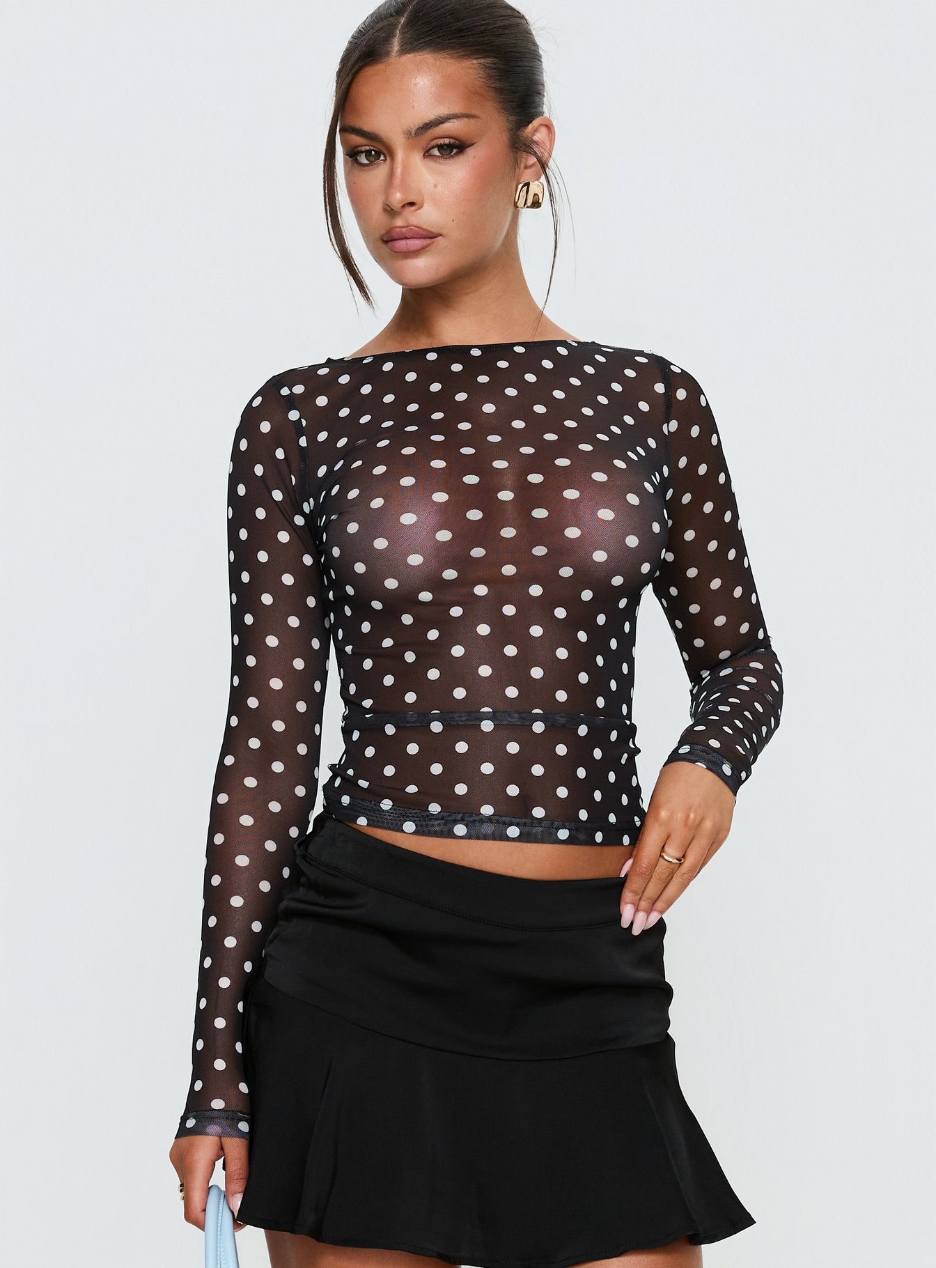 Rosenda Mesh Long Sleeve Top Black / White Polka