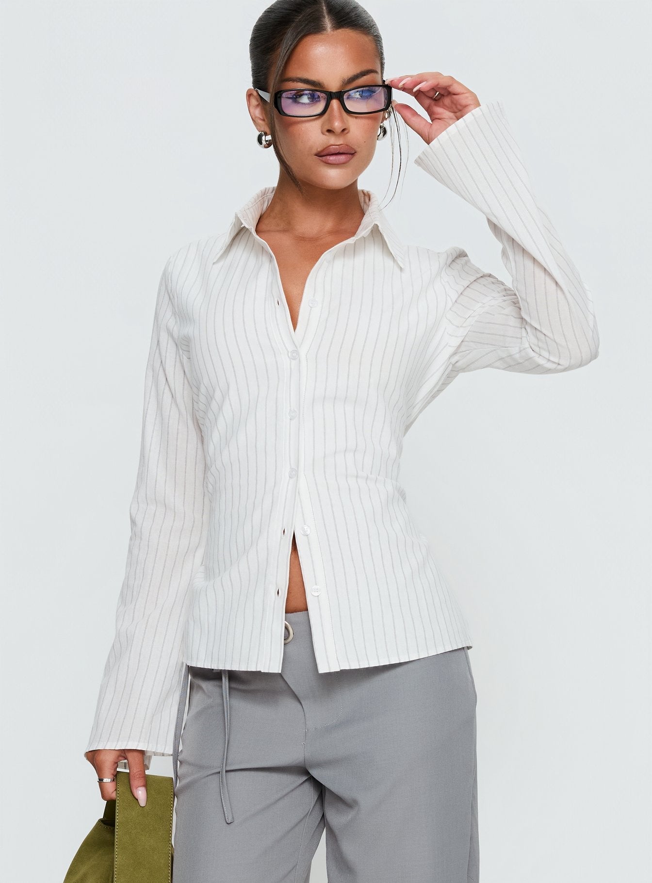 Eryx Tie Back Button Up Top White Pinstripe