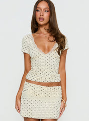 Amia Lace V Neck Top Cream Polka Dot