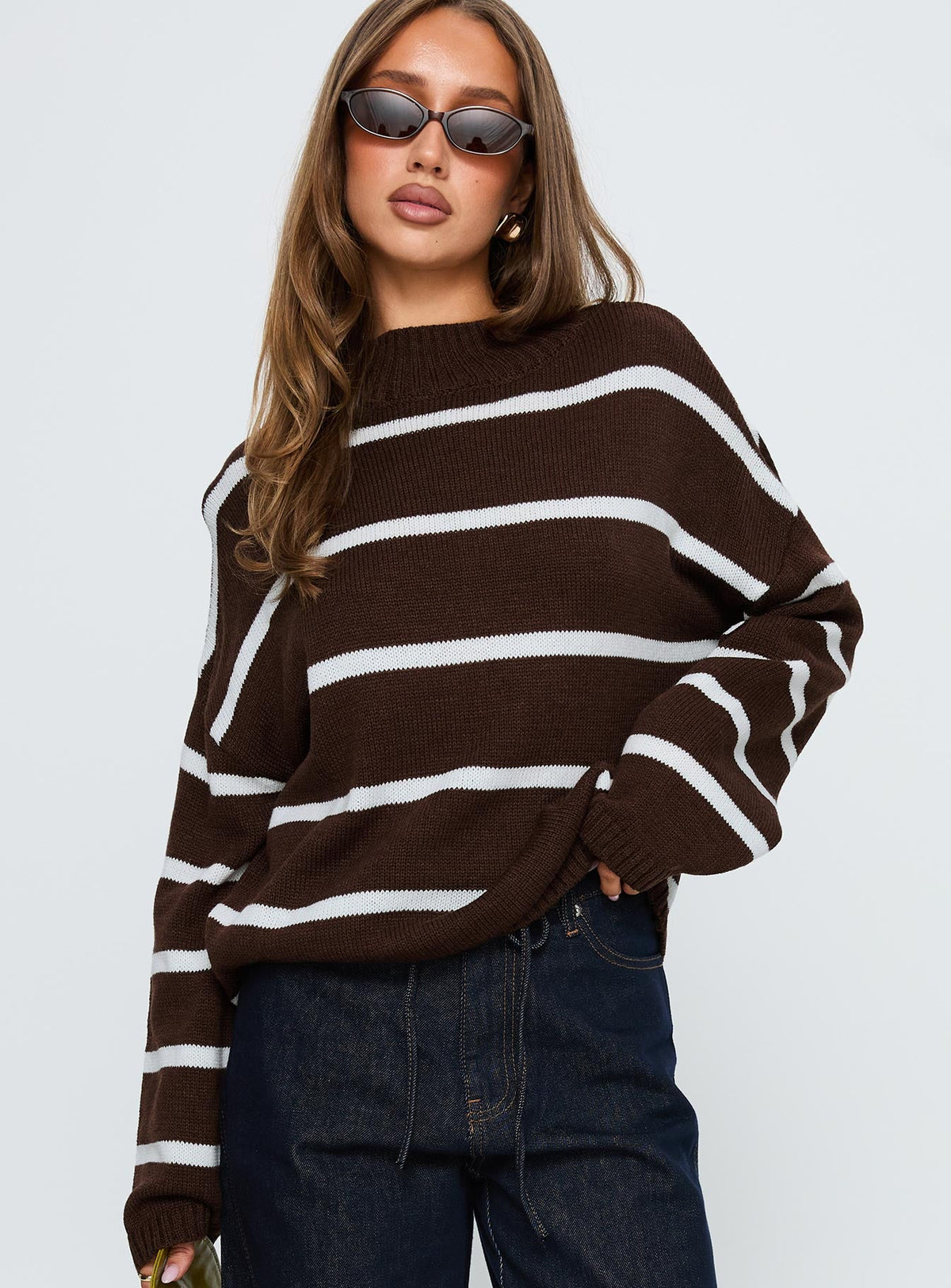 Alara Mock Neck Knit Sweater Brown Stripe