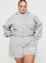 Princess Polly Track Shorts Puff Text Grey Curve