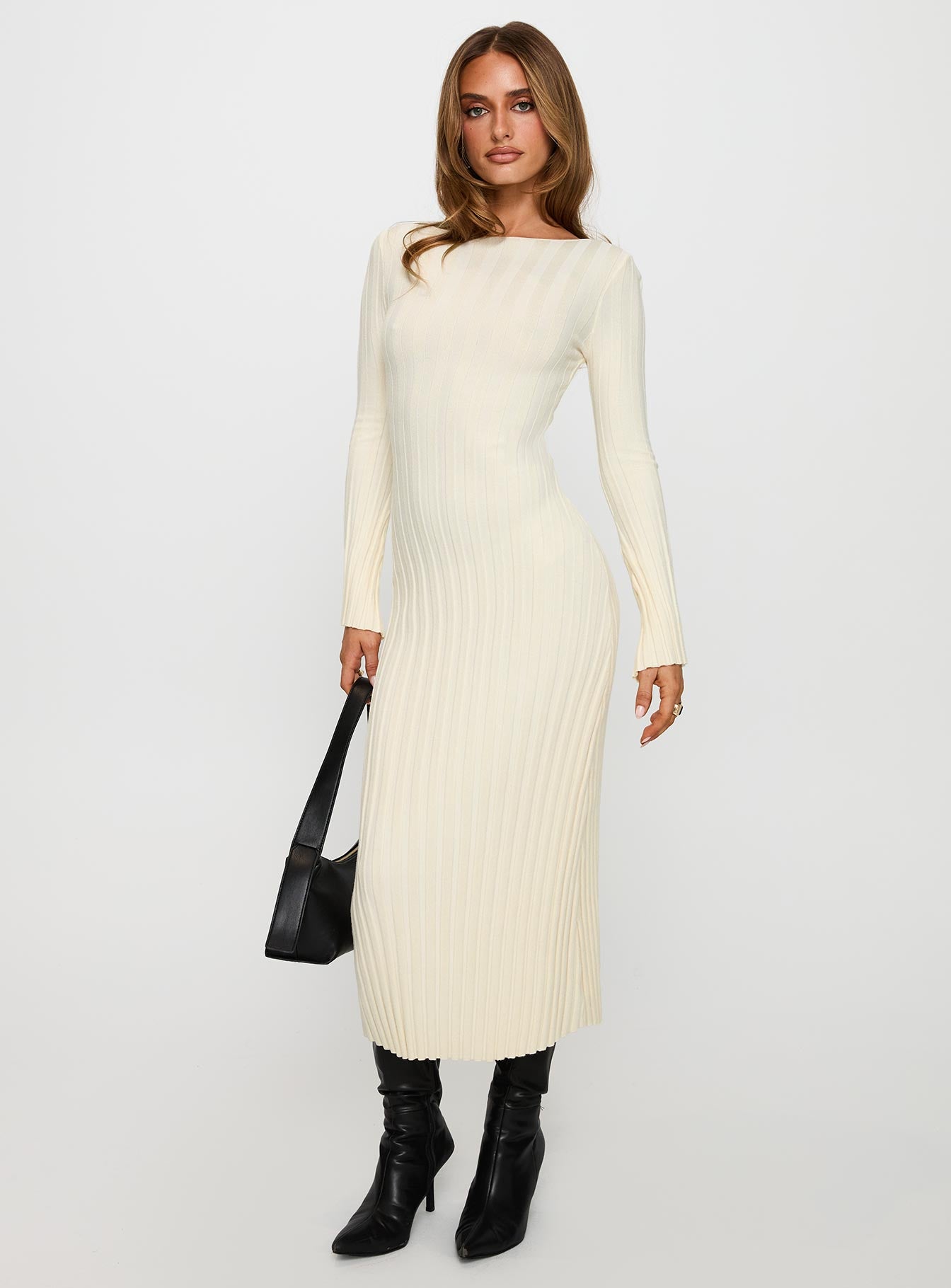 Ryo Long Sleeve Rib Maxi Dress Cream