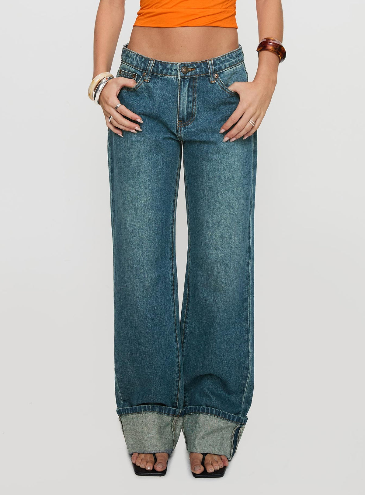 Toros Mid Rise Wide Leg Foldover Denim Jeans Mid Blue