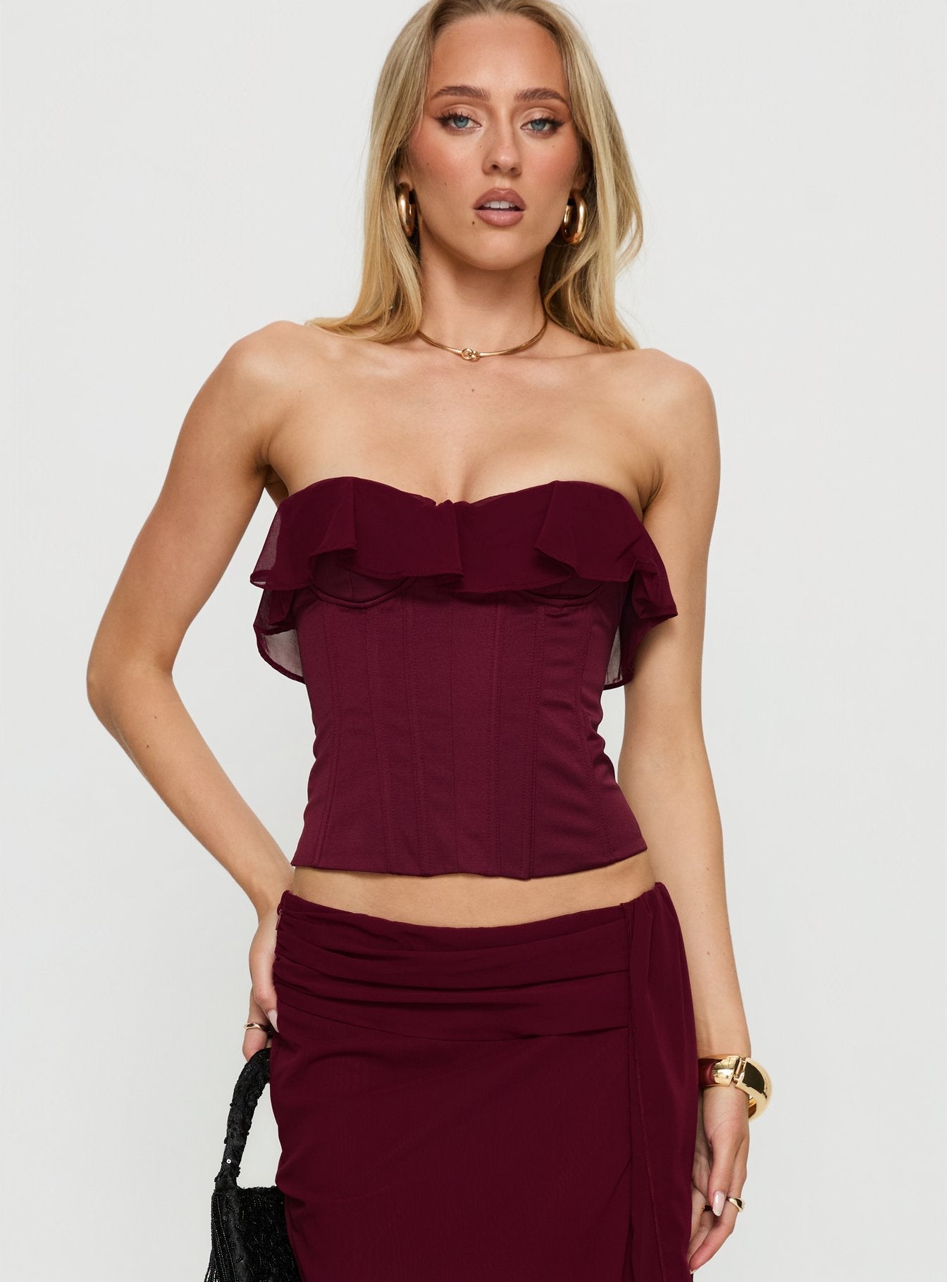 Holliann Strapless Frill Corset Top Wine