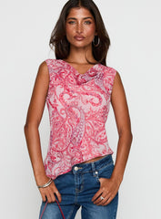 Blame The Rain Cowl Neck Top Pink Paisley