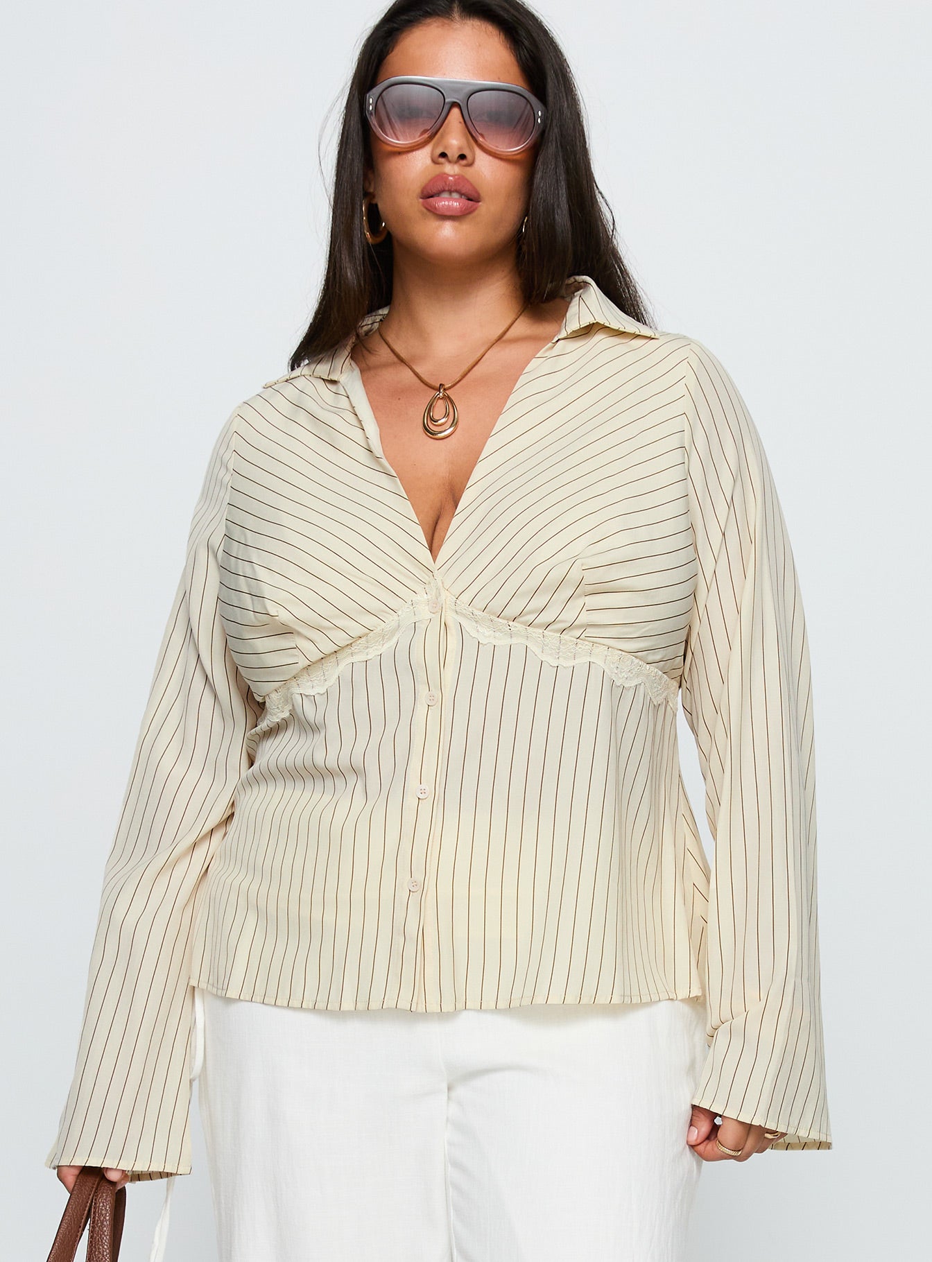 Life Begins Long Sleeve Lace Trim Top Cream Stripe Curve