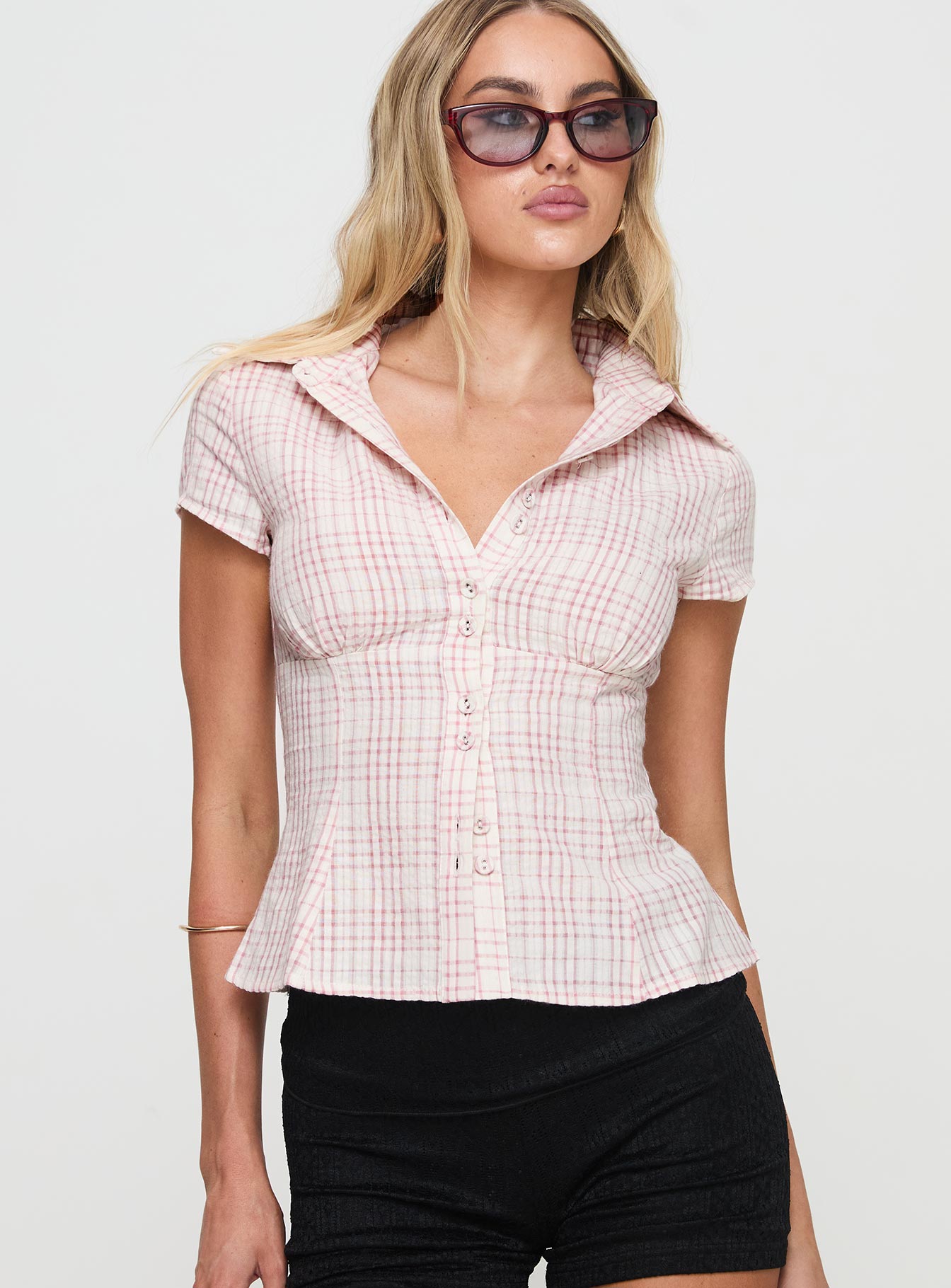 Cottesloe Blouse Top Pink Check Petite