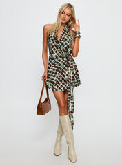 Brissa Halter Wrap Mini Dress Brown Multi