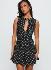 Alissea Keyhole Linen Blend Mini Dress Black Polka