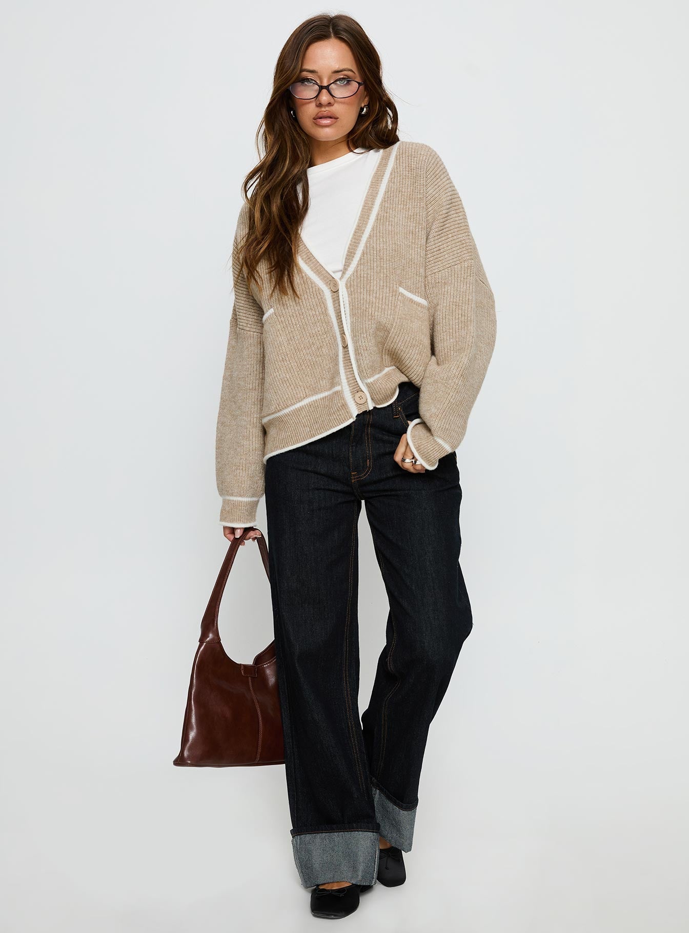Cressara Contrast Knit Cardigan Beige / White