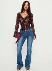 Corazon Sheer Frill Long Sleeve Top Burgundy Polka