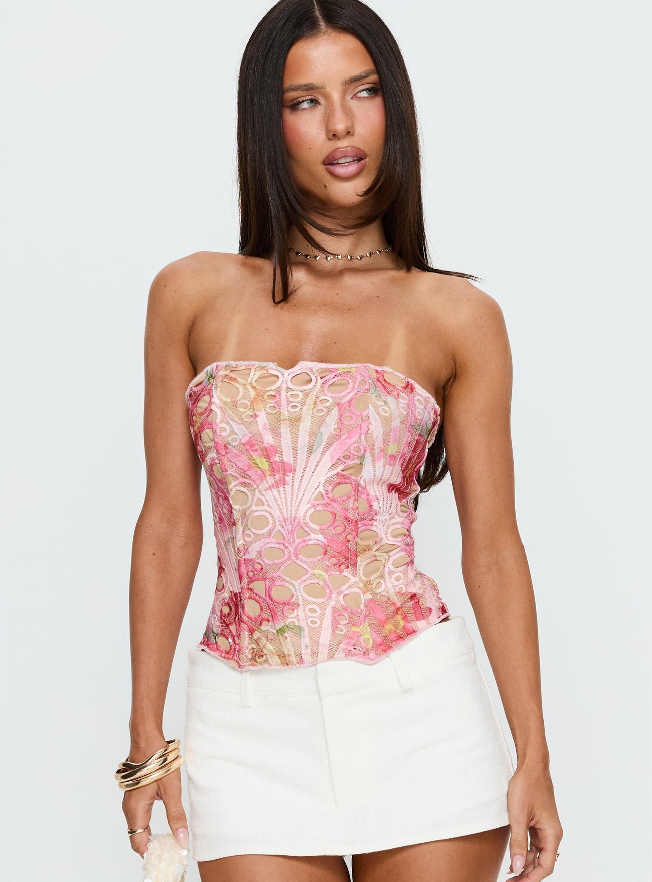 Raynelle Strapless Tie Back Corset Top Pink Multi
