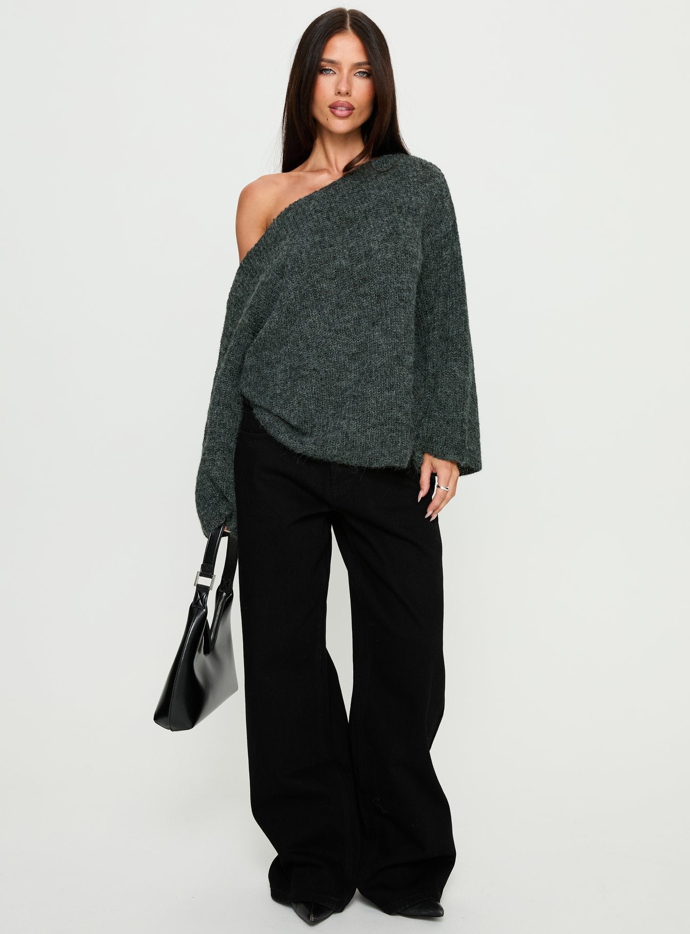 Delyn Off Shoulder Slouchy Knit Sweater Black Marle
