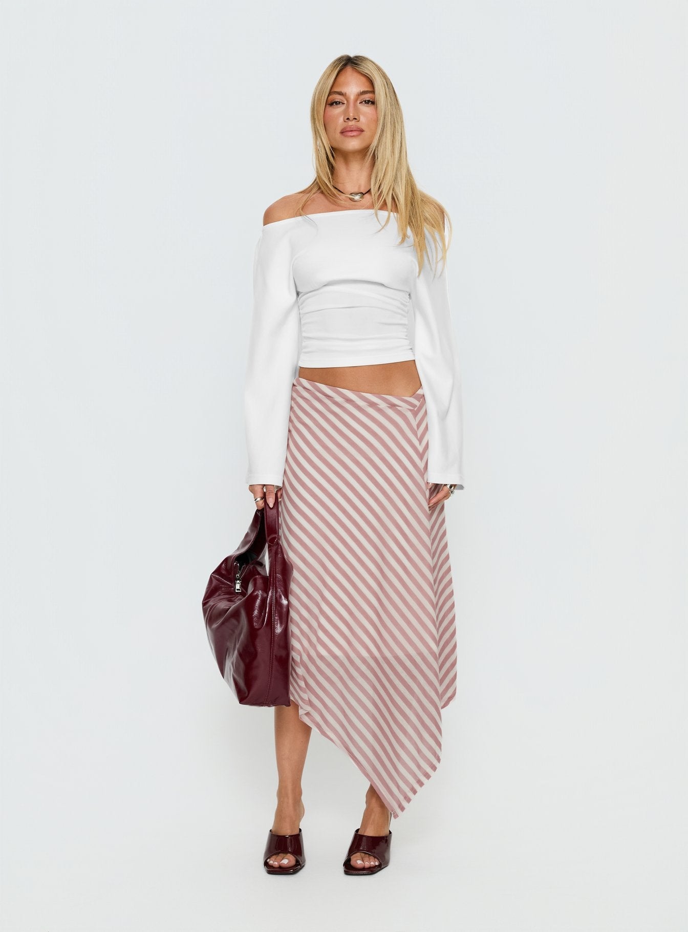 Gwenora Asymmetrical Midi Skirt Pink Stripe