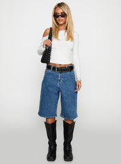 Retro Dream Mid Rise Longline Denim Shorts Mid Wash