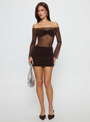 Briseida Mesh Long Sleeve Mini Dress Chocolate