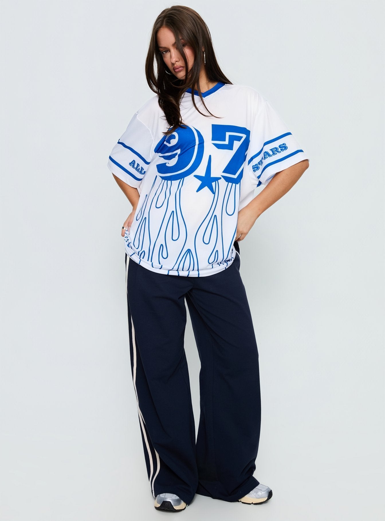97 Sportstar Oversized Jersey Graphic Top White / Blue