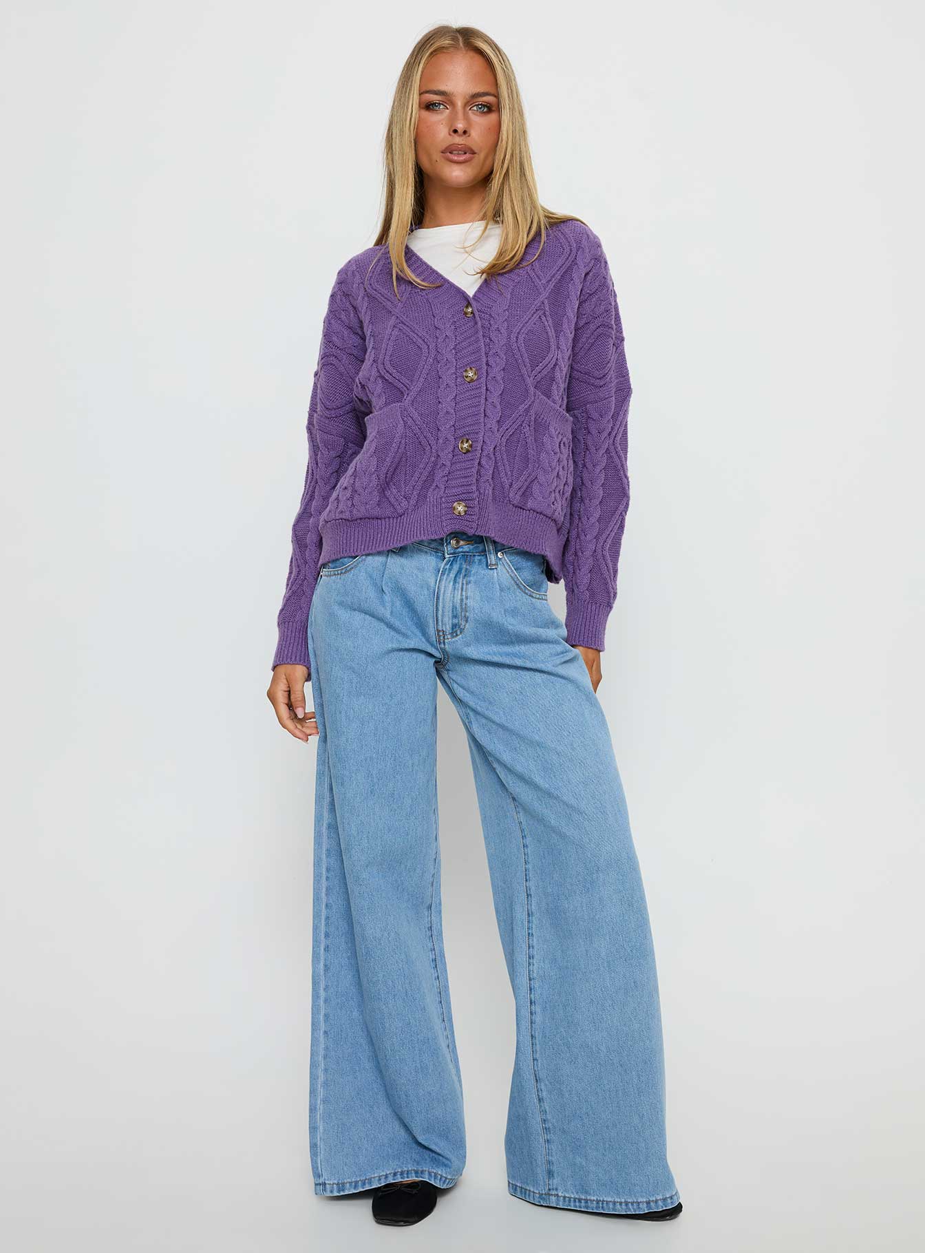 Dillian Cable Knit Cardigan Purple