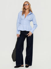 As You Are Shirred Button Up Top Soft Blue