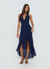 Agata Halter Frill Maxi Dress Navy