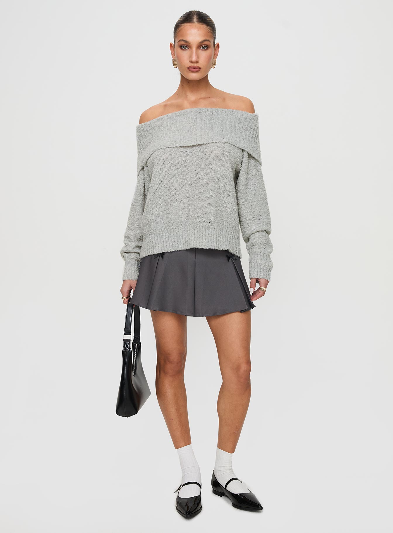 Parkley Boucle Off The Shoulder Sweater Grey Marle