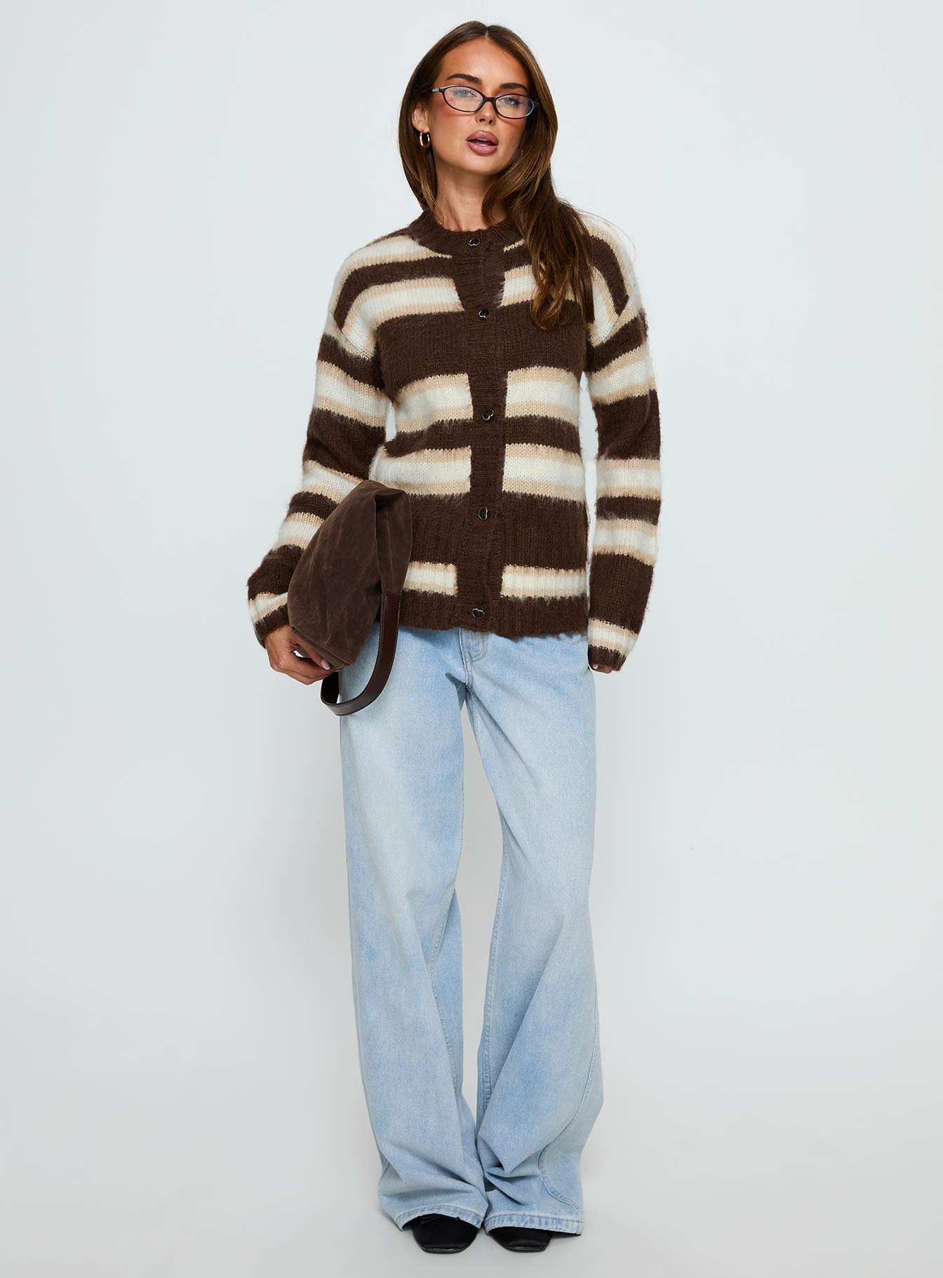 Cultivated Fluffy Knit Cardigan Brown Stripe