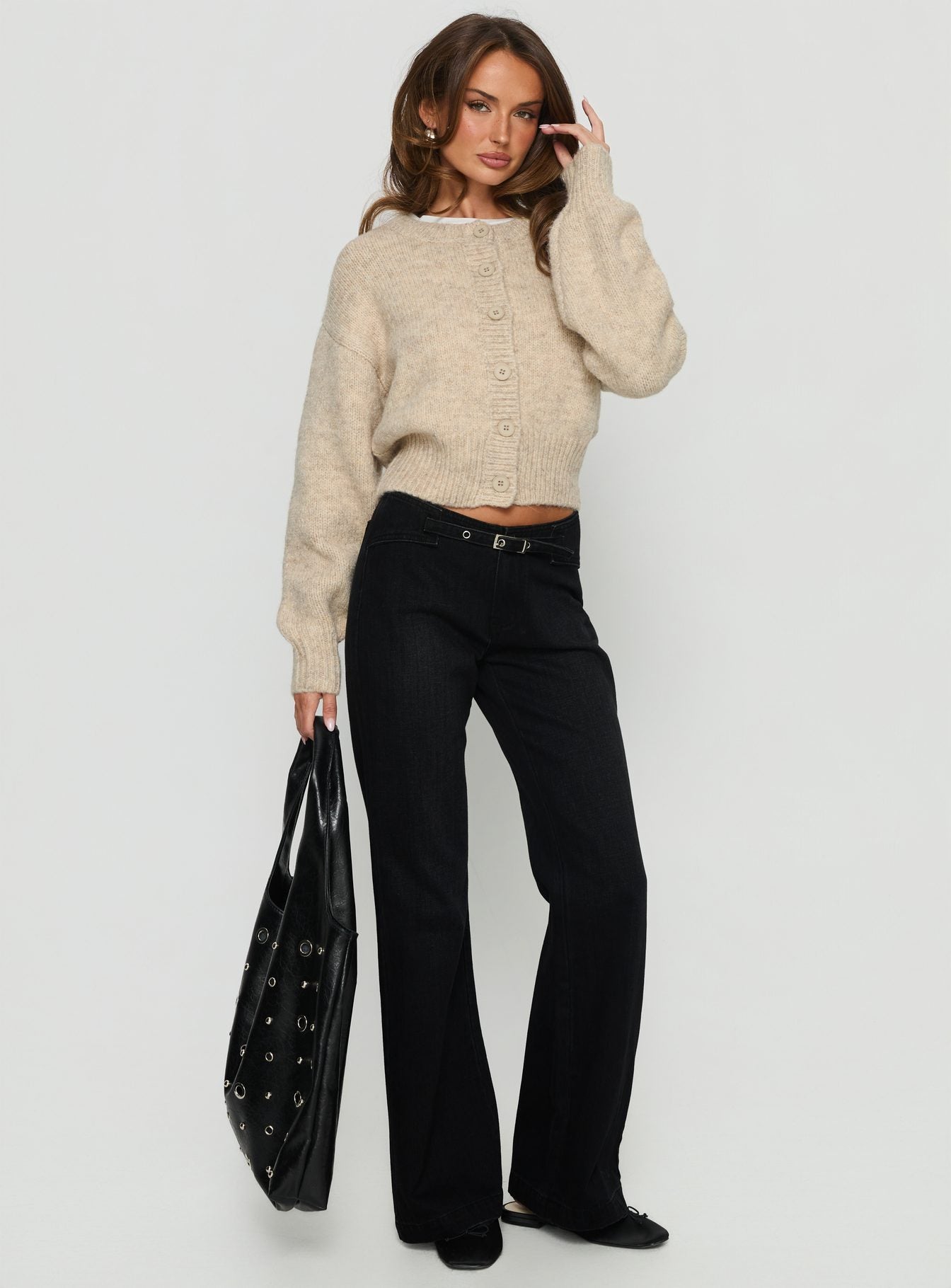 Slow Ride Mid Rise Bootleg Belted Jeans Washed Black