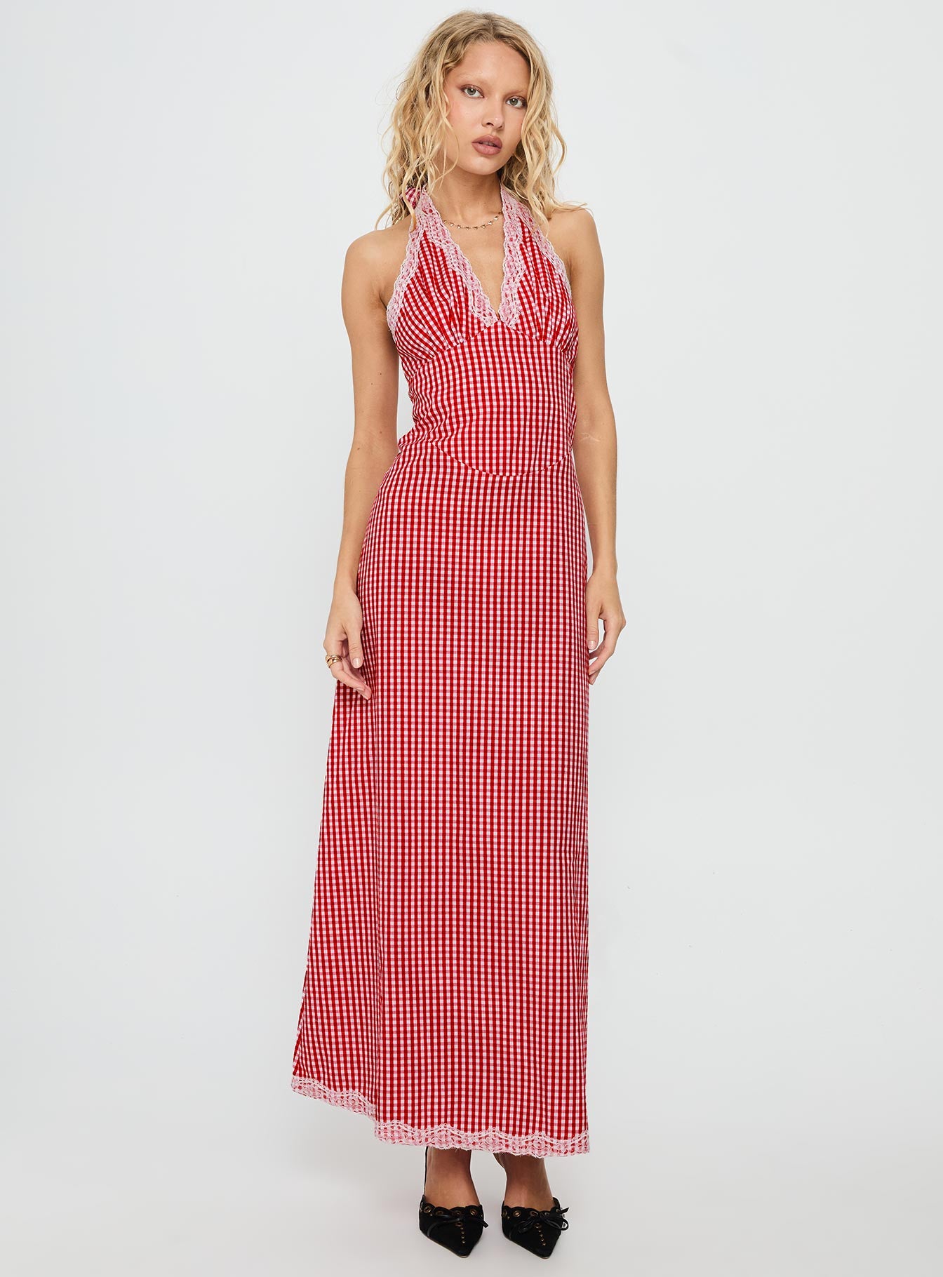 Betsie Halter Lace Maxi Dress Red Gingham