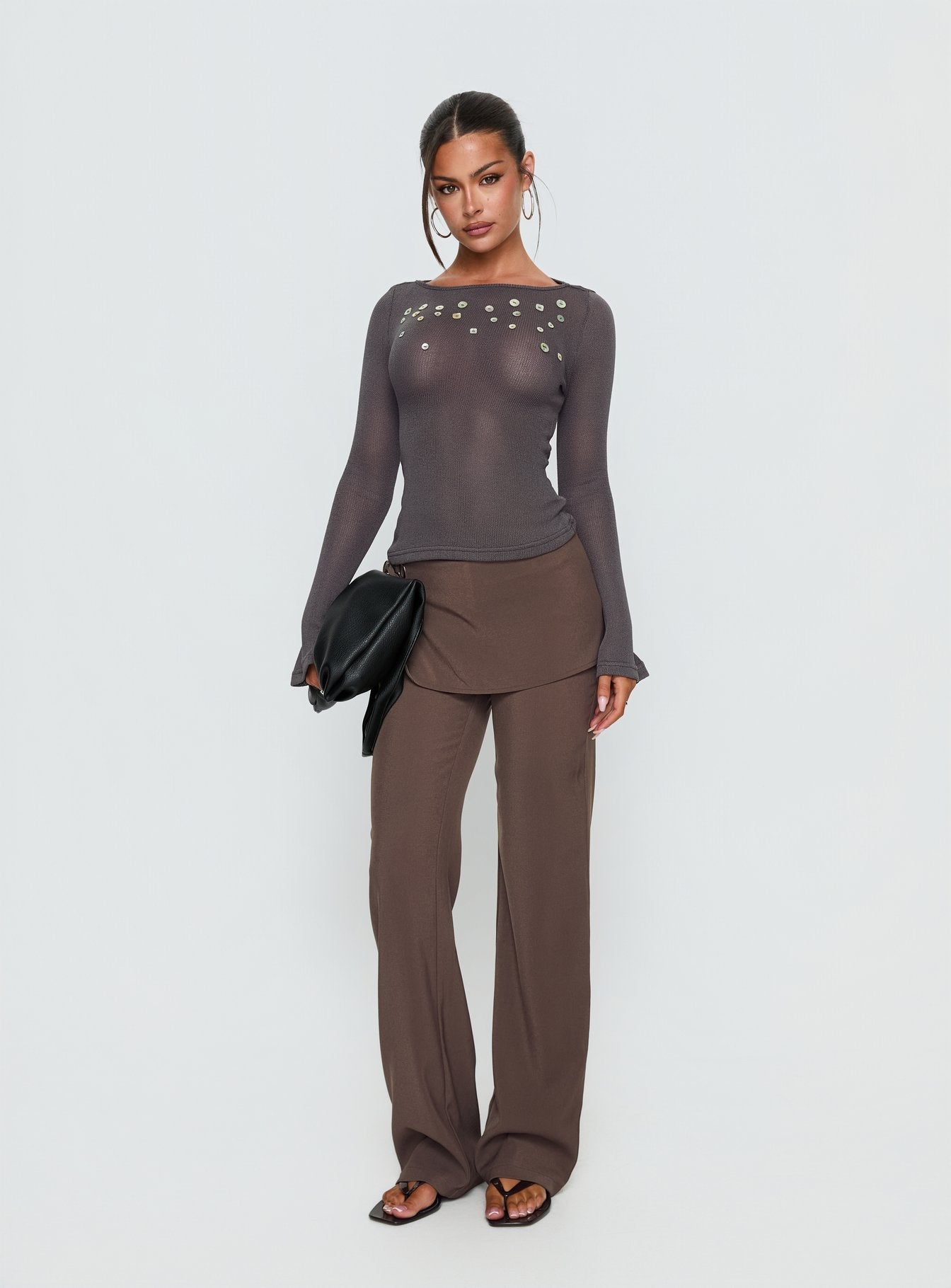 Andia Long Sleeve Sheer Embellished Top Grey