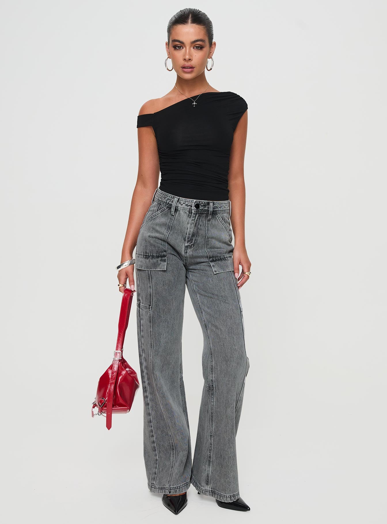 Chad High Rise Flared Cargo Jeans Washed Grey