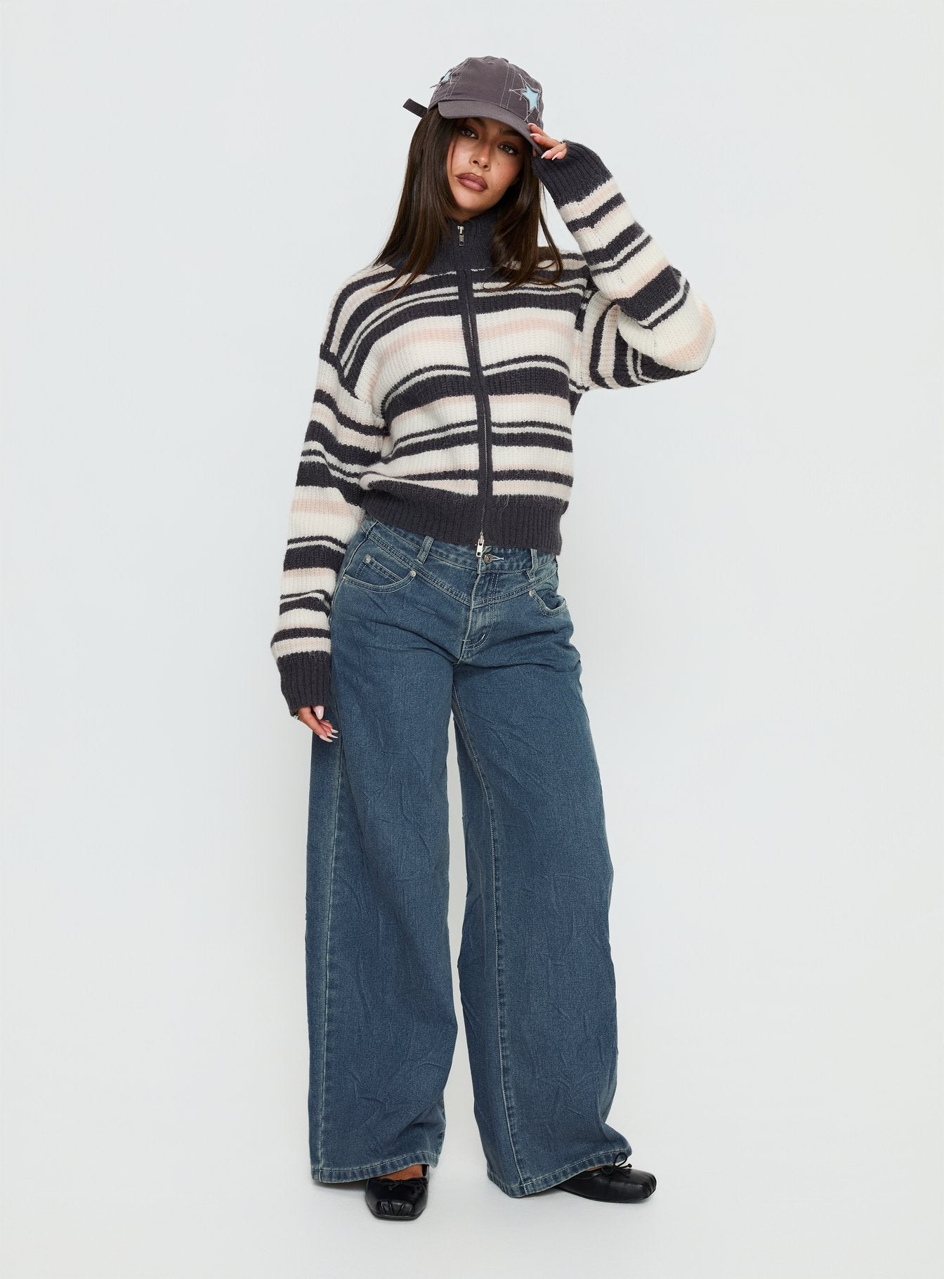 Tetra Zip Through Knit Sweater Pink Stripe