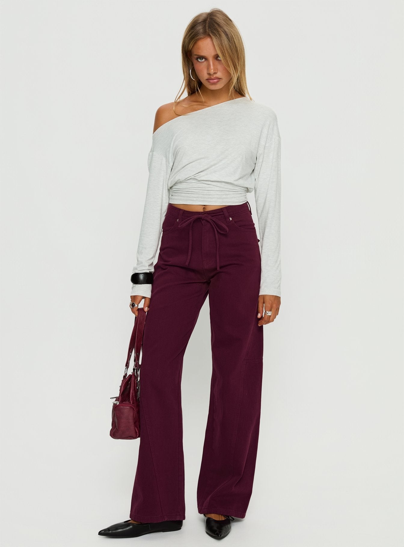 Bruiser Tie Waist Mid Rise Wide Leg Jeans Currant