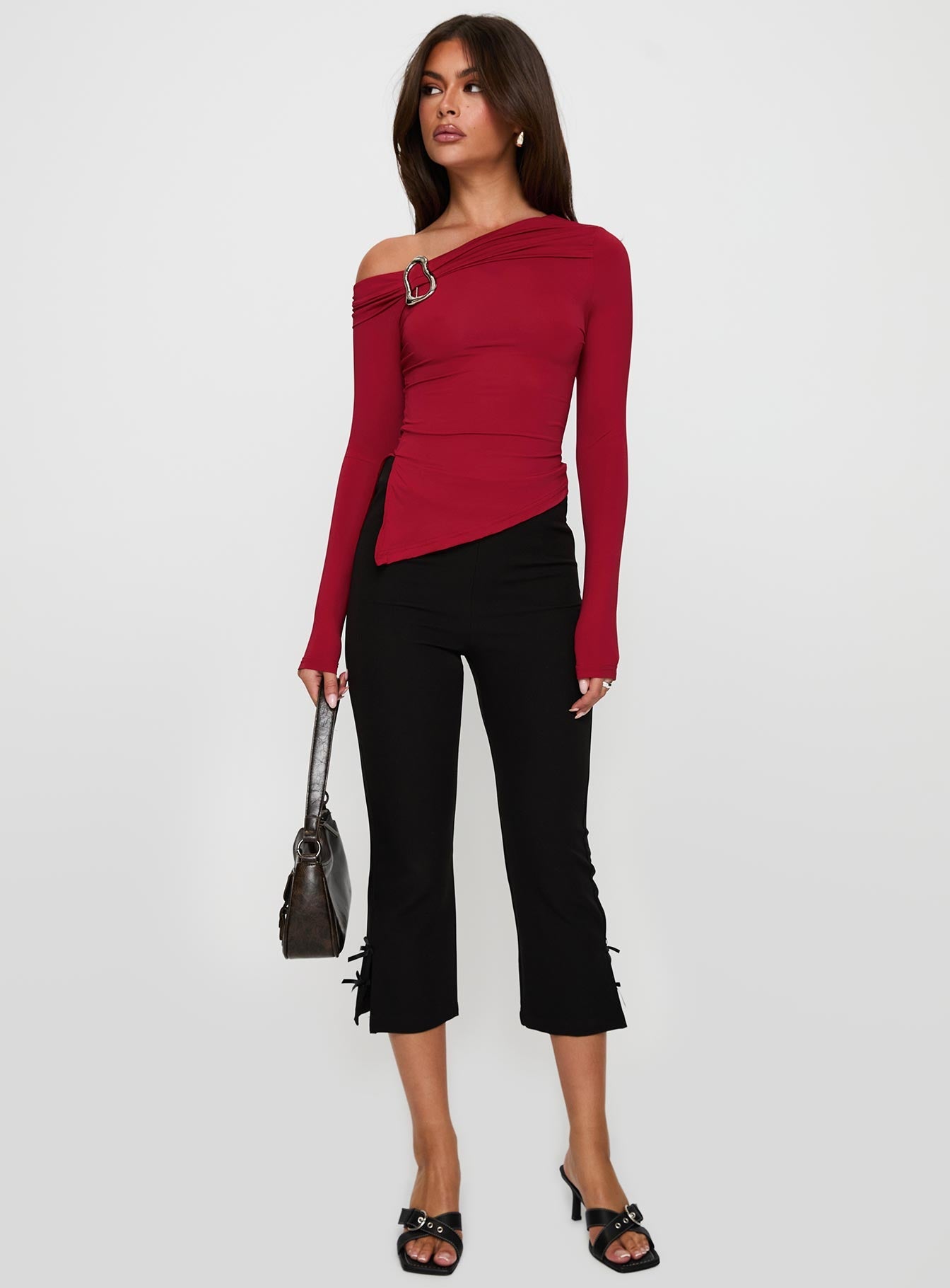 Donalla Off The Shoulder Hardware Detail Top Red
