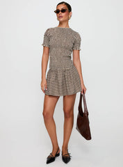 Laurita Shirred Mini Dress Brown Check Tall