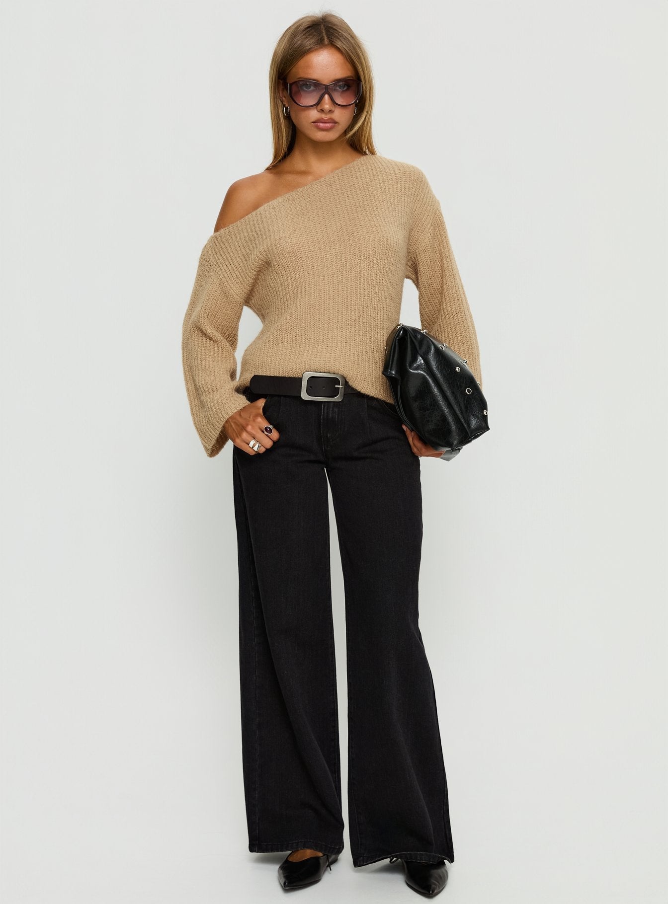 Delyn Off Shoulder Slouchy Knit Sweater Camel
