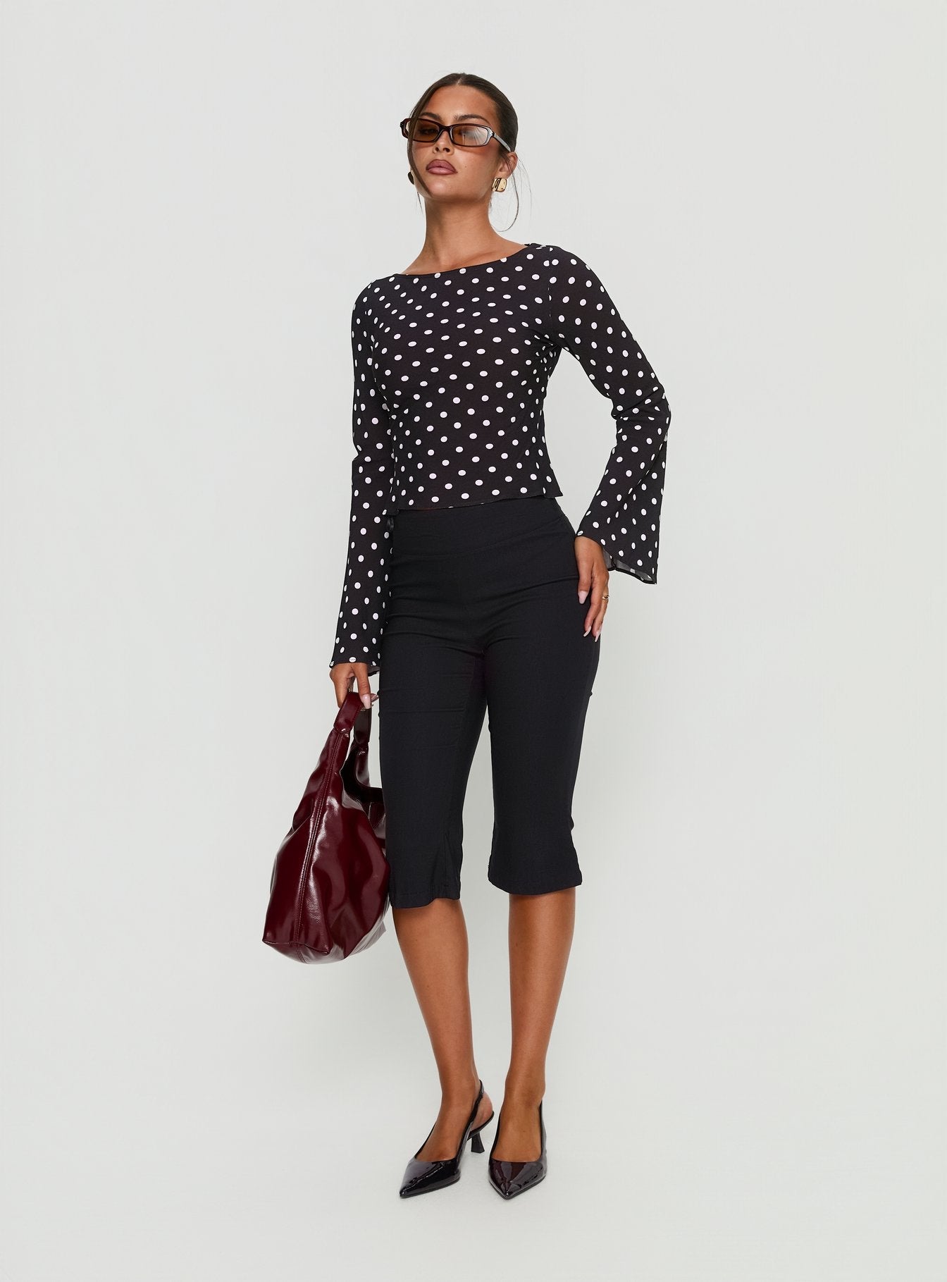 Lady Lady Long Sleeve Backless Top Black / White Polka