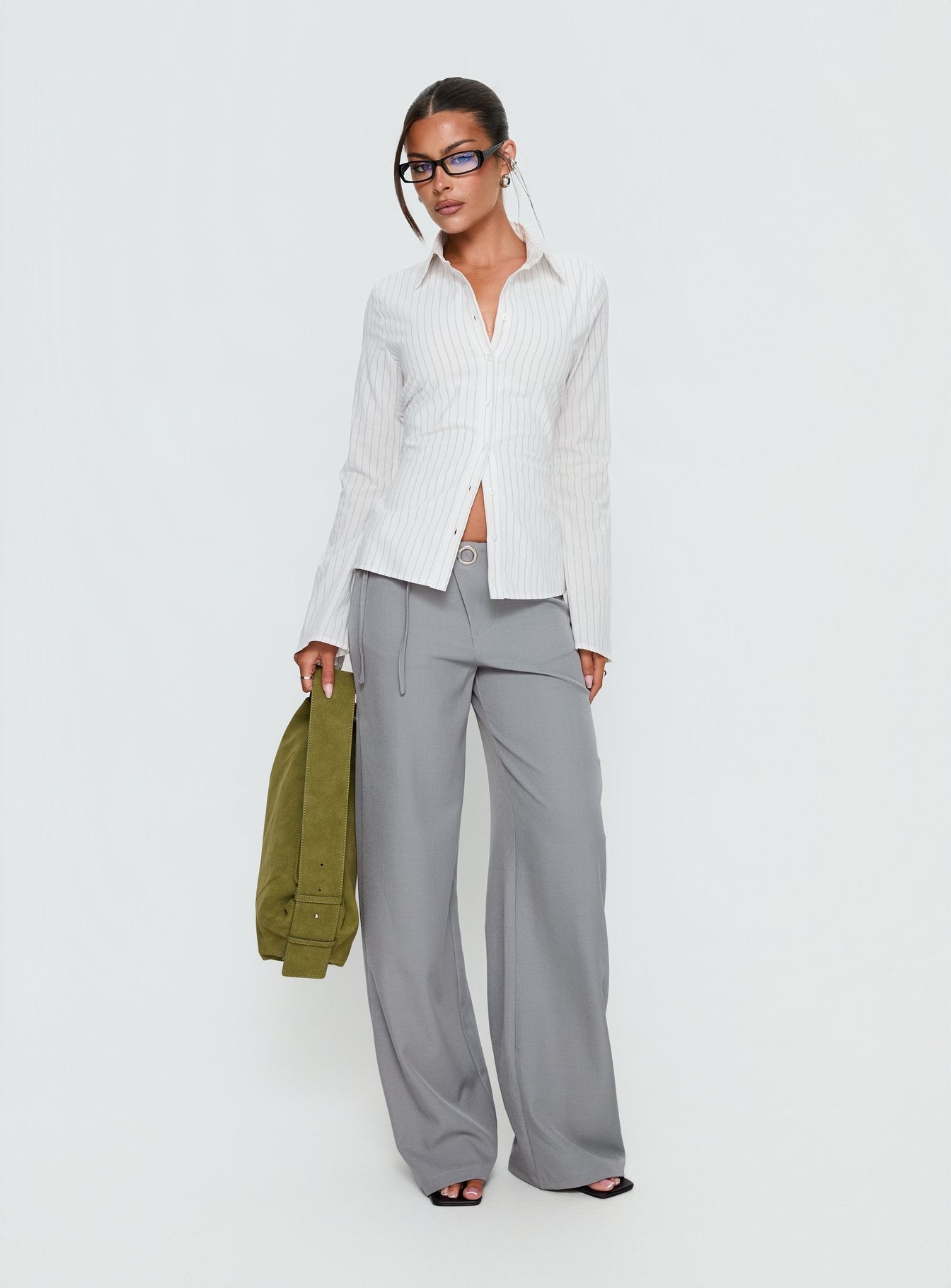 Eryx Tie Back Button Up Top White Pinstripe