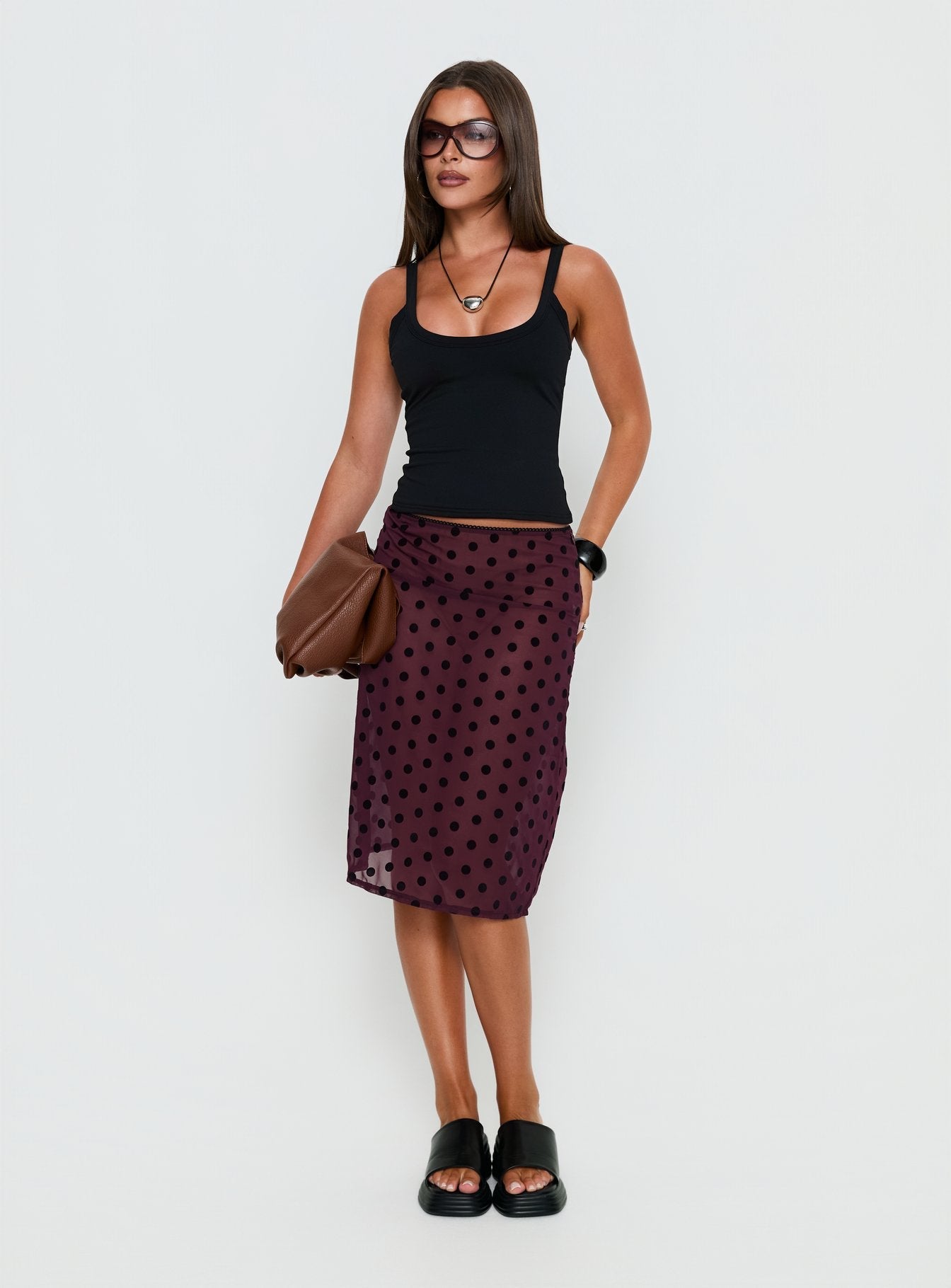 Evani Sheer Chiffon Midi Skirt Polka Maroon