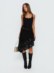 Jezabela Asymmetrical Stud Midi Skirt Black