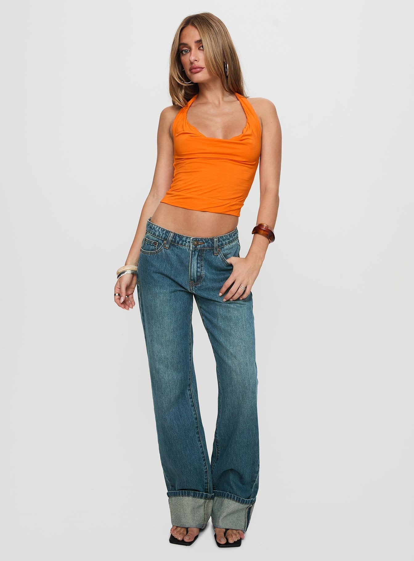 Toros Mid Rise Wide Leg Foldover Denim Jeans Mid Blue