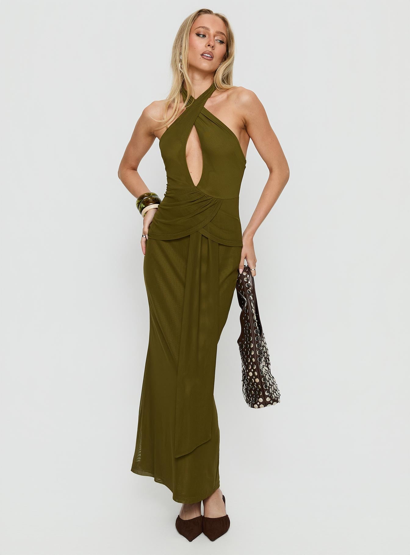 Feliza Keyhole Halter Maxi Dress Olive